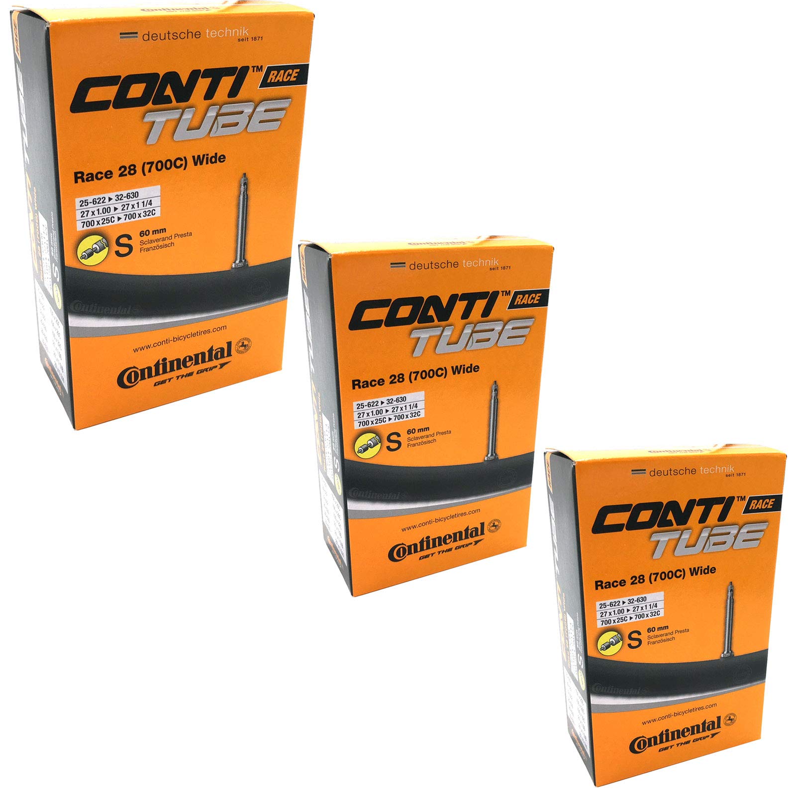 Continental Race 28 700 x 25-32c Road Bike Inner Tubes - 60mm Presta Valve (Pack of 3) - with FREE Ano Adapters