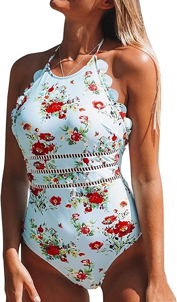 teal floral scalloped bikini