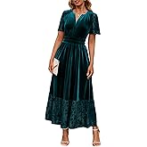Simplee Women's Formal Velvet Maxi Dress Fall Winter V Neck Floral Short Sleeve Empire Waist Wedding Guest Dresses