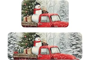AYCZN Christmas Red Truck Kitchen Mats for Floor, Xmas Forest Kitchen Rug Runner Non-Slip Kitchen Mats and Rugs 2PCS Absorben