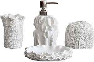 Hymmah Bathroom Accessories Set,Coral Seashell Design Toothbrush Holder,Farmhouse Bathroom Decor,4 Pcs Resin Gift Set Apartment Necessities, Contain Toothbrush Cup,Soap Dispenser,Soap Dish,Tumbler