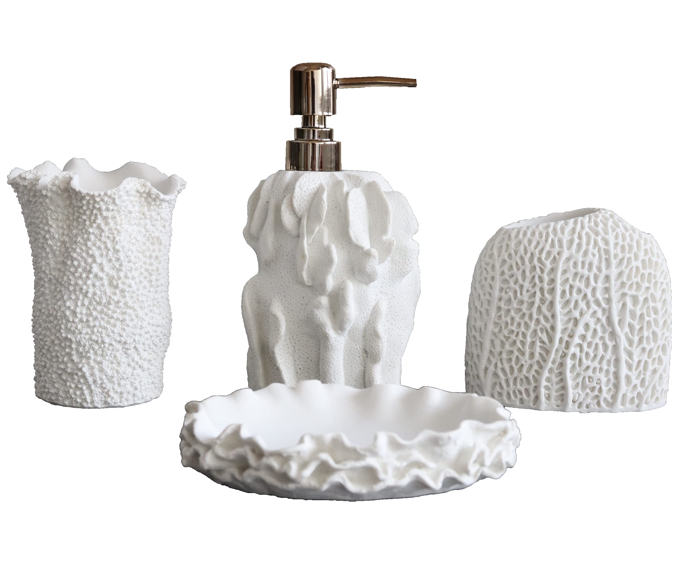 Photo 1 of Hymmah Bathroom Accessories Set,Coral Seashell Design Toothbrush Holder,Farmhouse Bathroom Decor,4 Pcs Resin Gift Set Apartment Necessities, Contain Toothbrush Cup,Soap Dispenser,Soap Dish,Tumbler