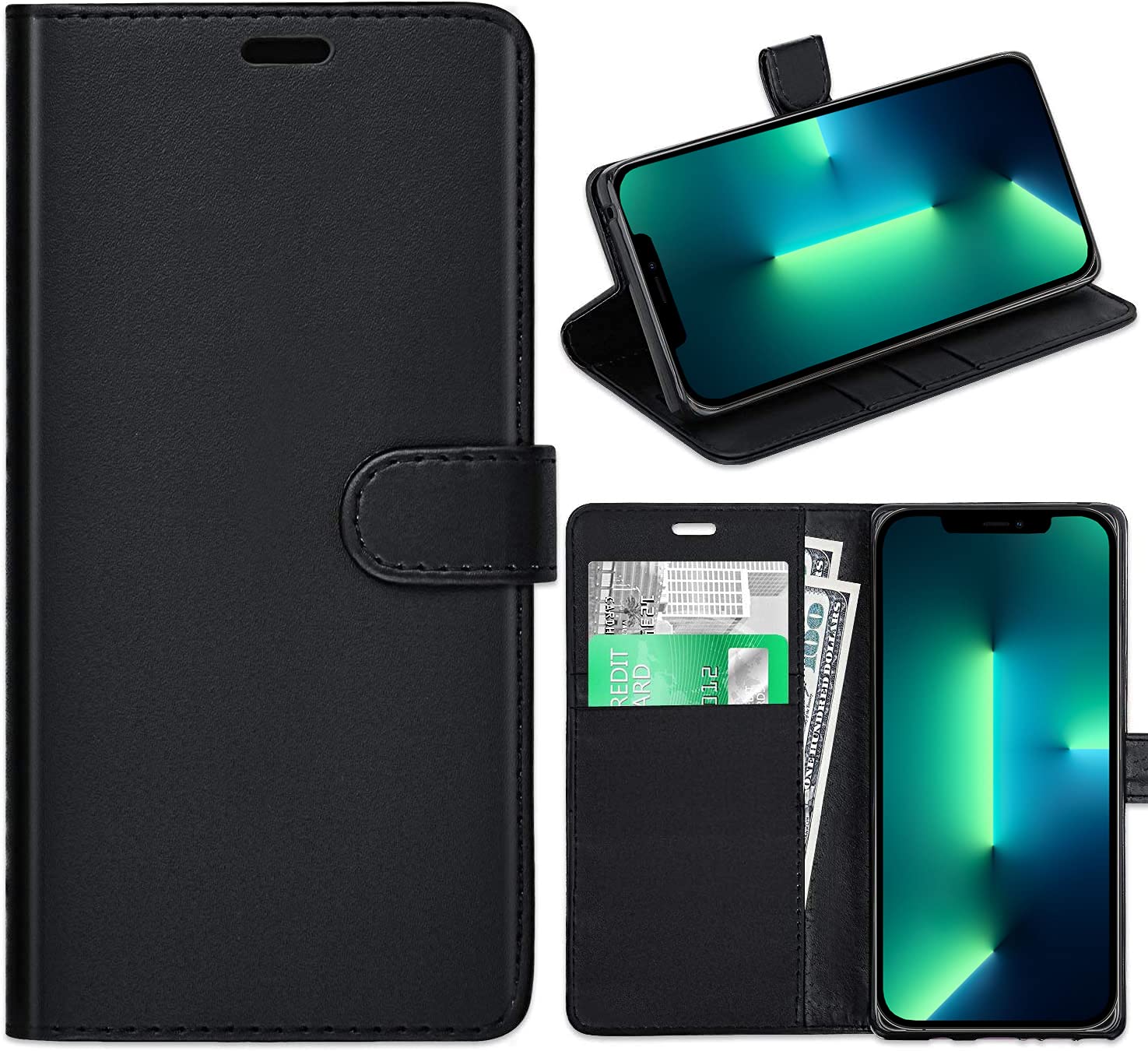 iPhone 13 Pro Case, iPhone 13 Pro Leather Case, iPhone 13 Pro Book Flip Leather Wallet Cover with Card Slots for iPhone 13 Pro 6.1" [Compatible With iPhone 13 Mini Screen Protector] (BLACK)