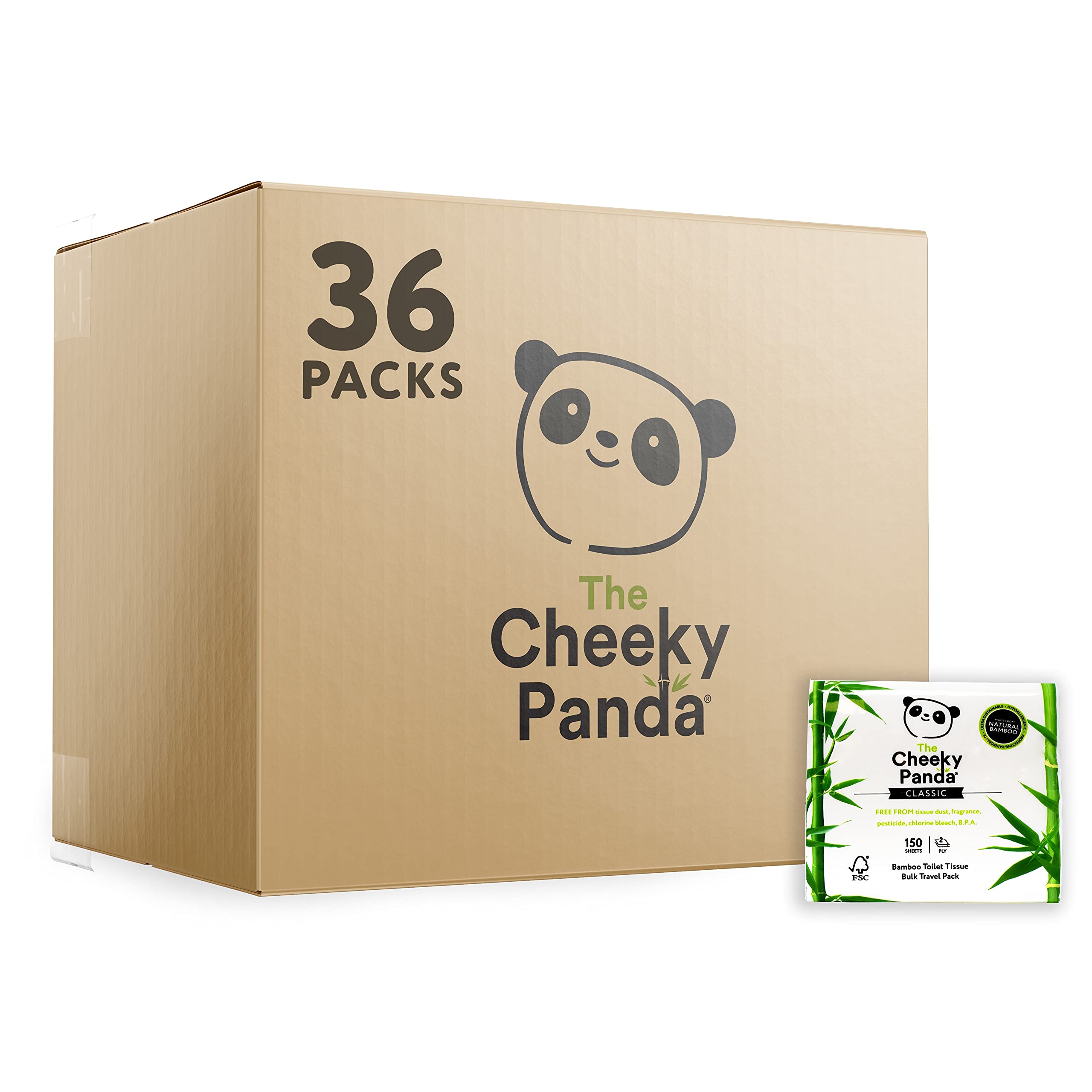 The Cheeky Panda – Bamboo Travel Toilet Tissue Paper | Bulk Box of 36 Packs | Hypoallergenic, Eco-Friendly, Super Soft, Strong & Sustainable