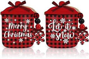 Whaline 2Pcs Christmas Mini Ceramic Canister Red Black Plaid Xmas Mini Jar Holiday Candy Holder with Lid Bow for Xmas Winter 