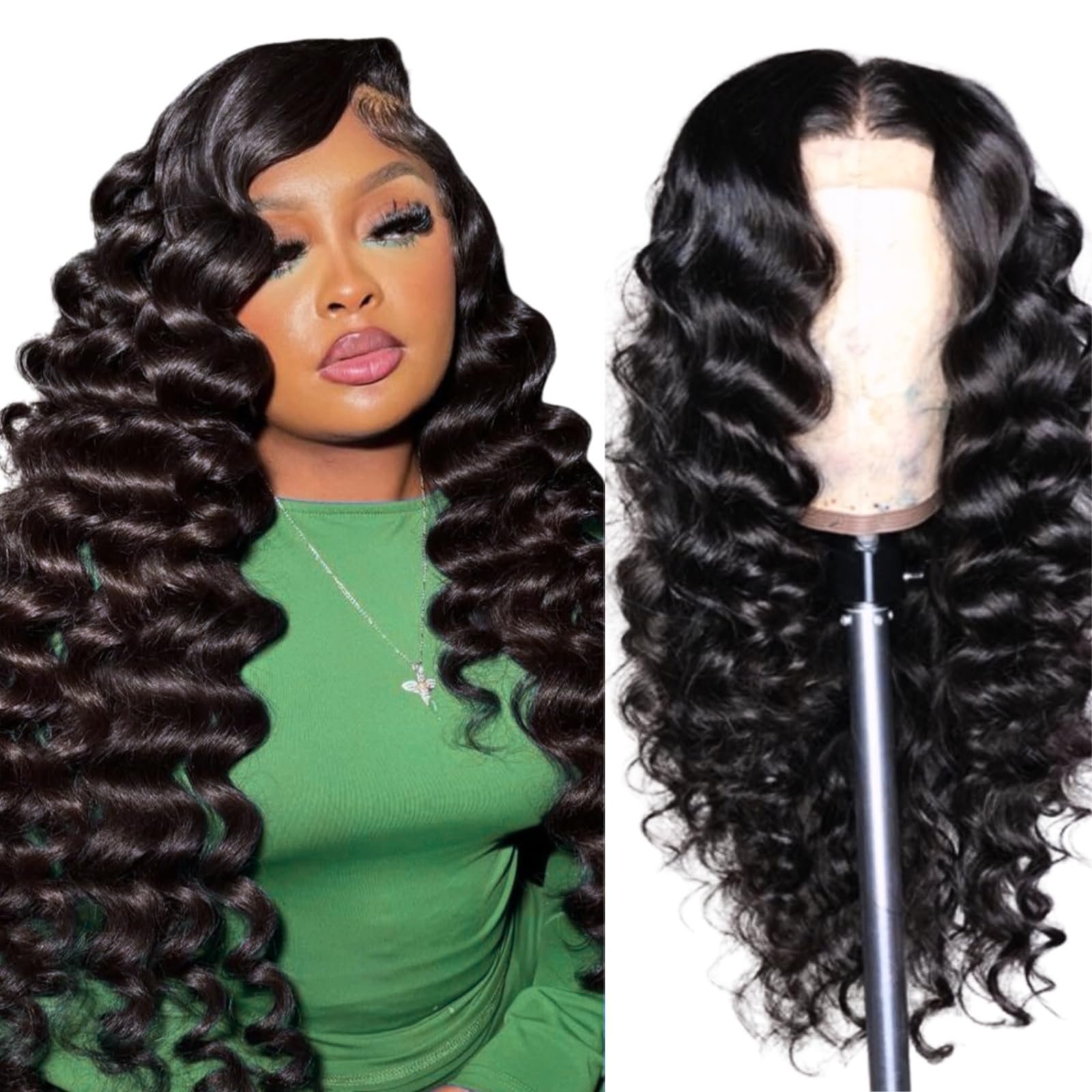 Photo 1 of SupWig Deep Wave Lace Front Wigs Human Hair 13x4 HD Lace Wig for Black Women Pre-Plucked 200 Density Soft Glueless Raw Human Hair Natural Color 26 Inch