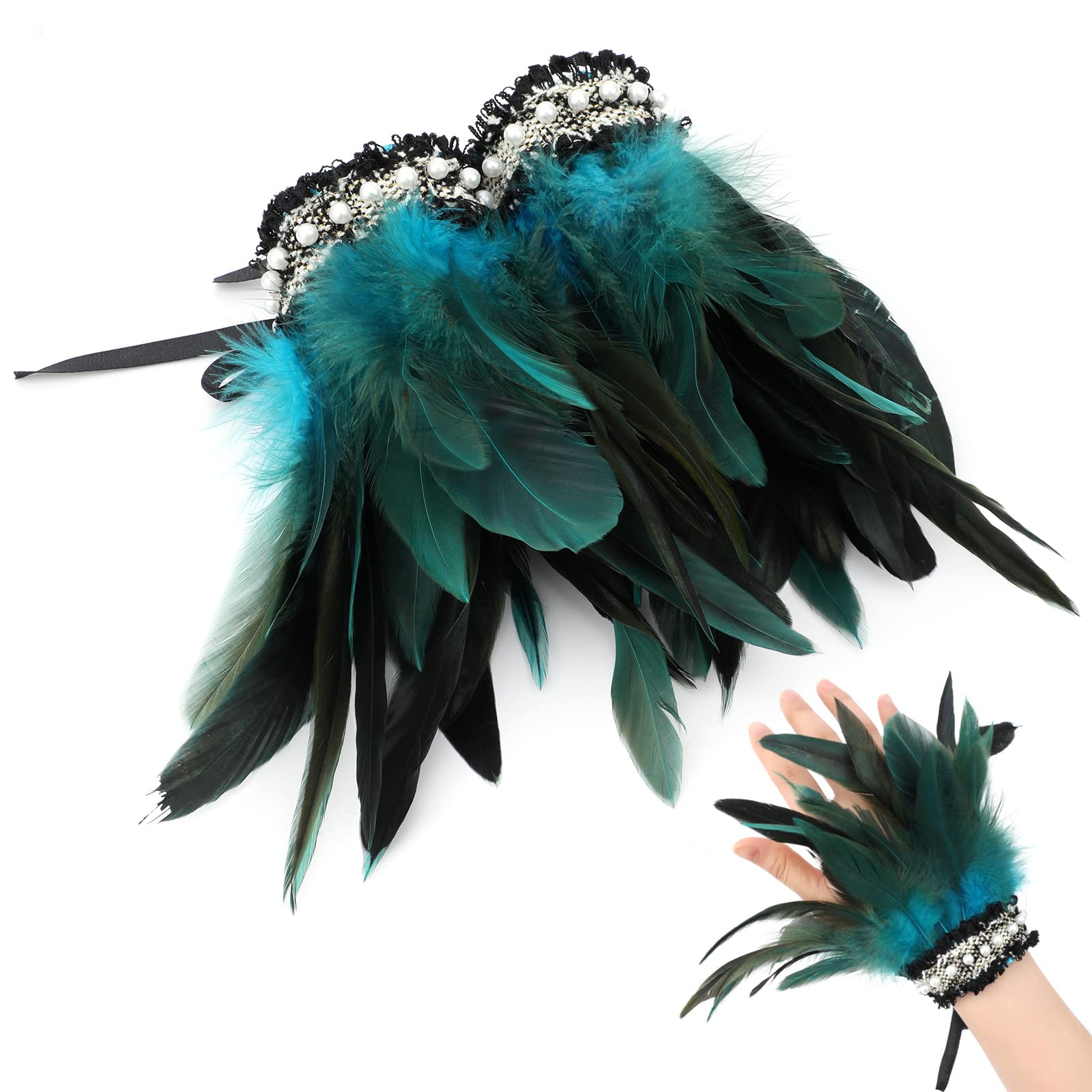 MWOOT Natural Feather Wrist Cuffs for Women Costume, Feather Wristband for Mardi Gras Prom, Halloween Wrist Bracelets