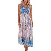 CUPSHE Women's Backless Beach Dress Halter Neck Ruffle Plunge V Neck Sleeveless Maxi Sundress Summer Dresses
