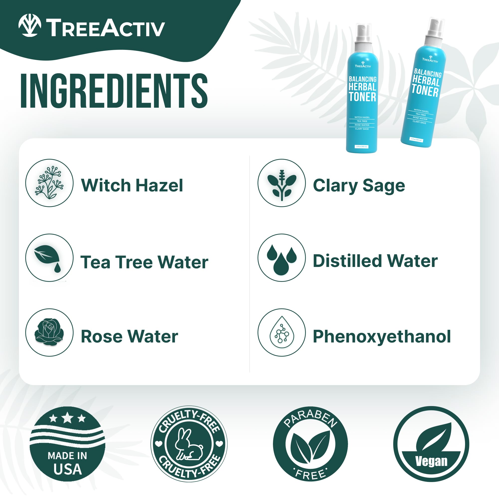 TreeActiv Balancing Herbal Toner | Facial Skin Moisturizer | Witch Hazel | Rose Water | Clary Sage | Tea Tree | Natural Astringent | Alcohol-Free | Reduce Oily Face Acne | Men, Women, Teens | 4 fl oz
