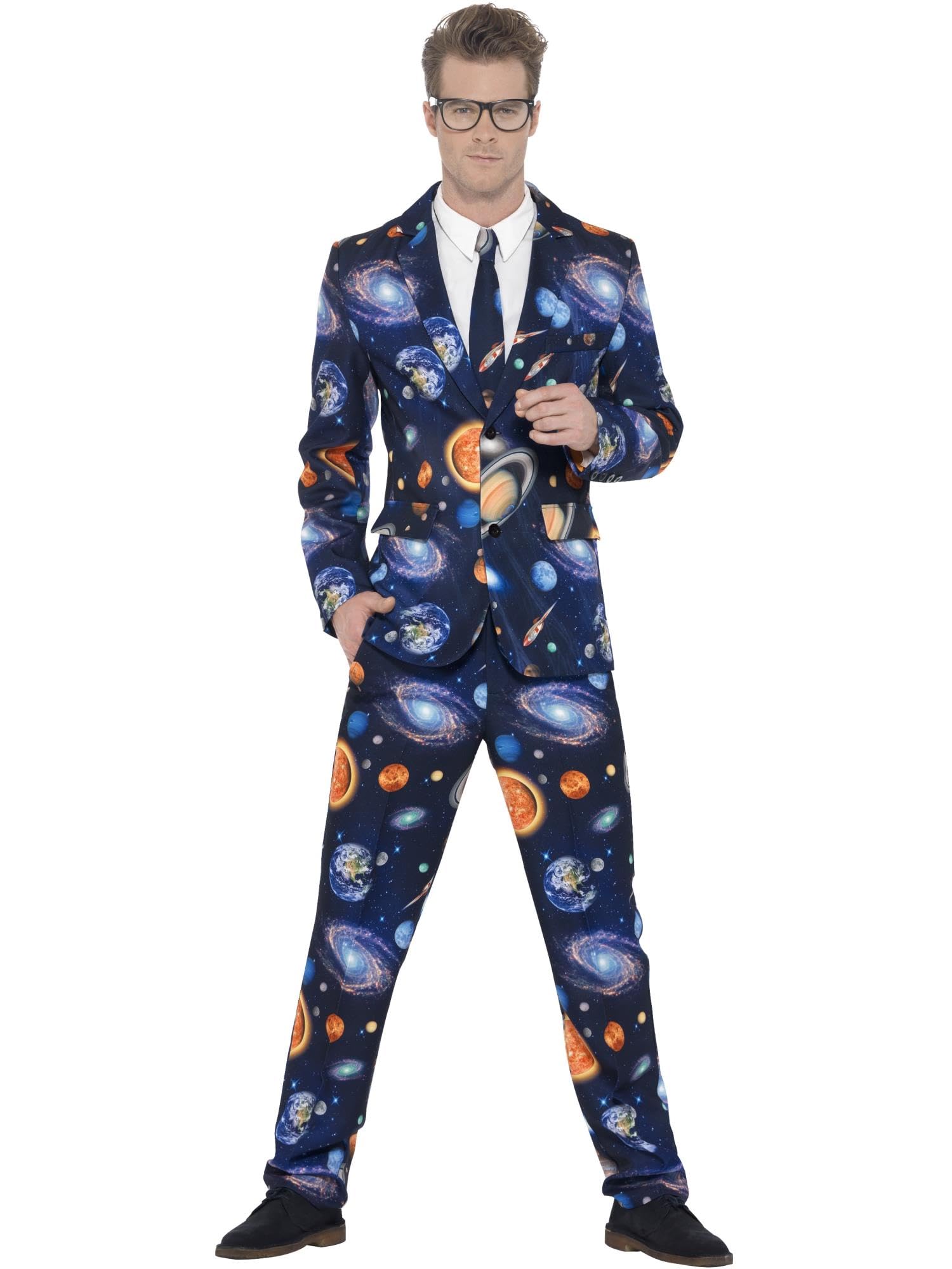 Smiffys Space Suit, Blue with Jacket, Trousers & Tie, Stand Out Suits Fancy Dress, Adult Dress Up Costumes Halloween