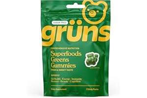 GRÜNS Gruns Sugar Free Super Greens Gummy Bears - Organic Spirulina and Chlorella, Prebiotics for Digestive Health, 20+ Vitamins and Minerals, Adaptogens - 3 sachets - 24 Gummies