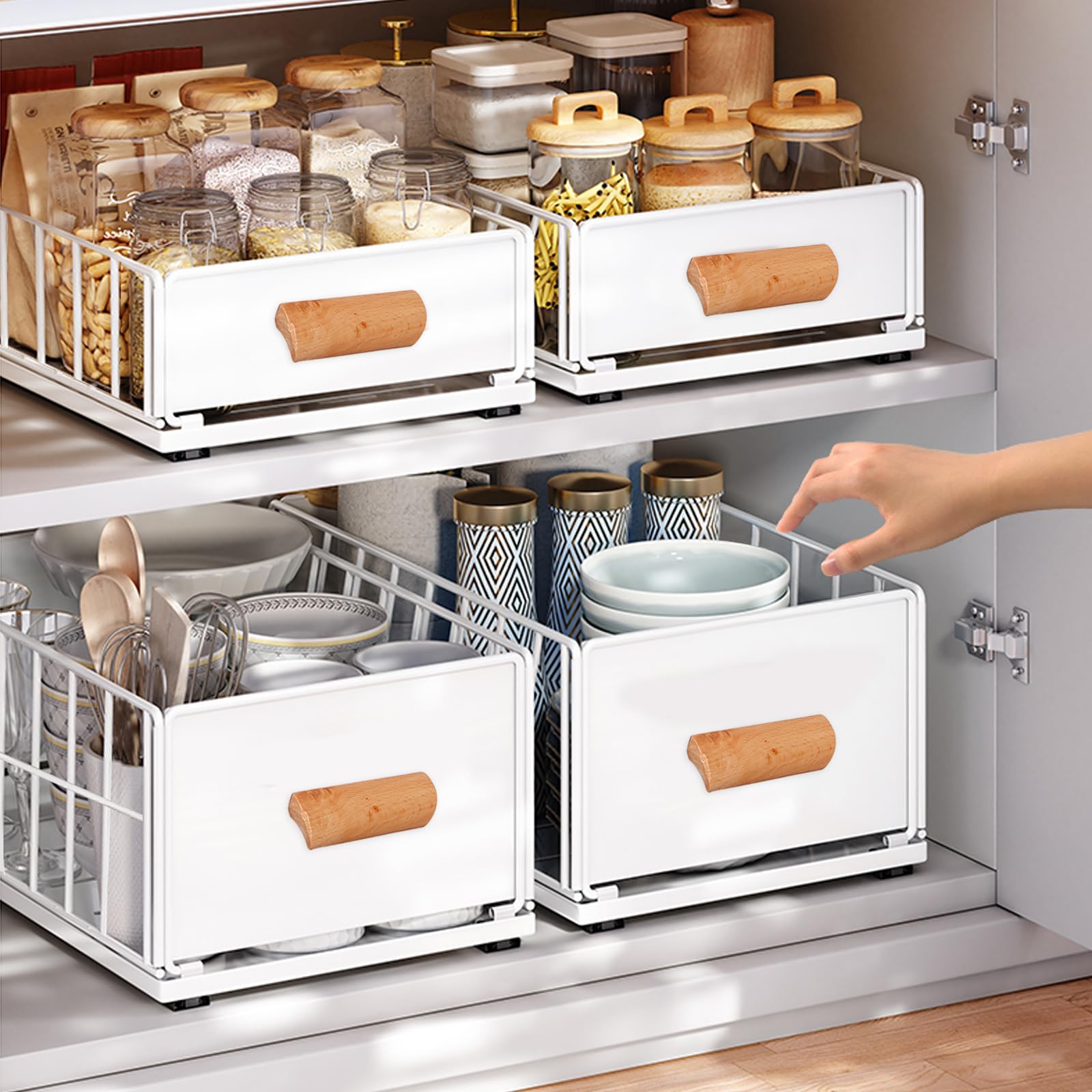 maxant Pull Out Cabinet Organizer, Slide Out Drawer Storage Shelves for Kitchen Cupboard, Extendable Sliding Drawer with Wooden Handle, Pull Out Organiser Pantry Shelf, No Drill and Nailing (A1)