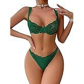 Lilosy Sexy Floral Lace Scallop Underwire Push Up Sheer Lingerie Set Outfits
