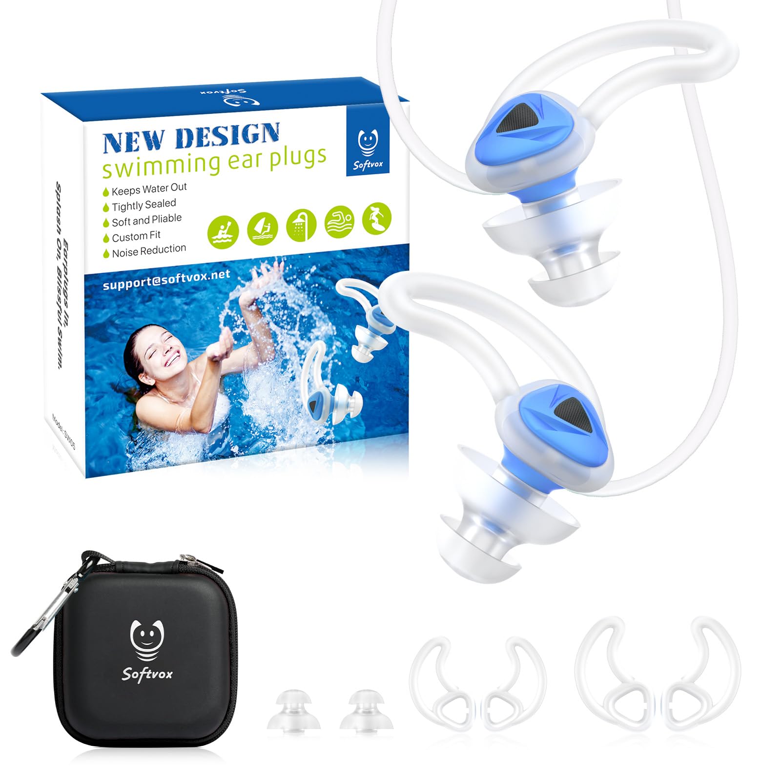 Photo 1 of Softvox Ear Plugs for Swimming Surfing with Lanyard, Block Out Water Let Sound in, Reusable Comfy Custom-fit Swim Waterproof earplugs Men Women for Swimmer Shower Pool Bath Water Sports