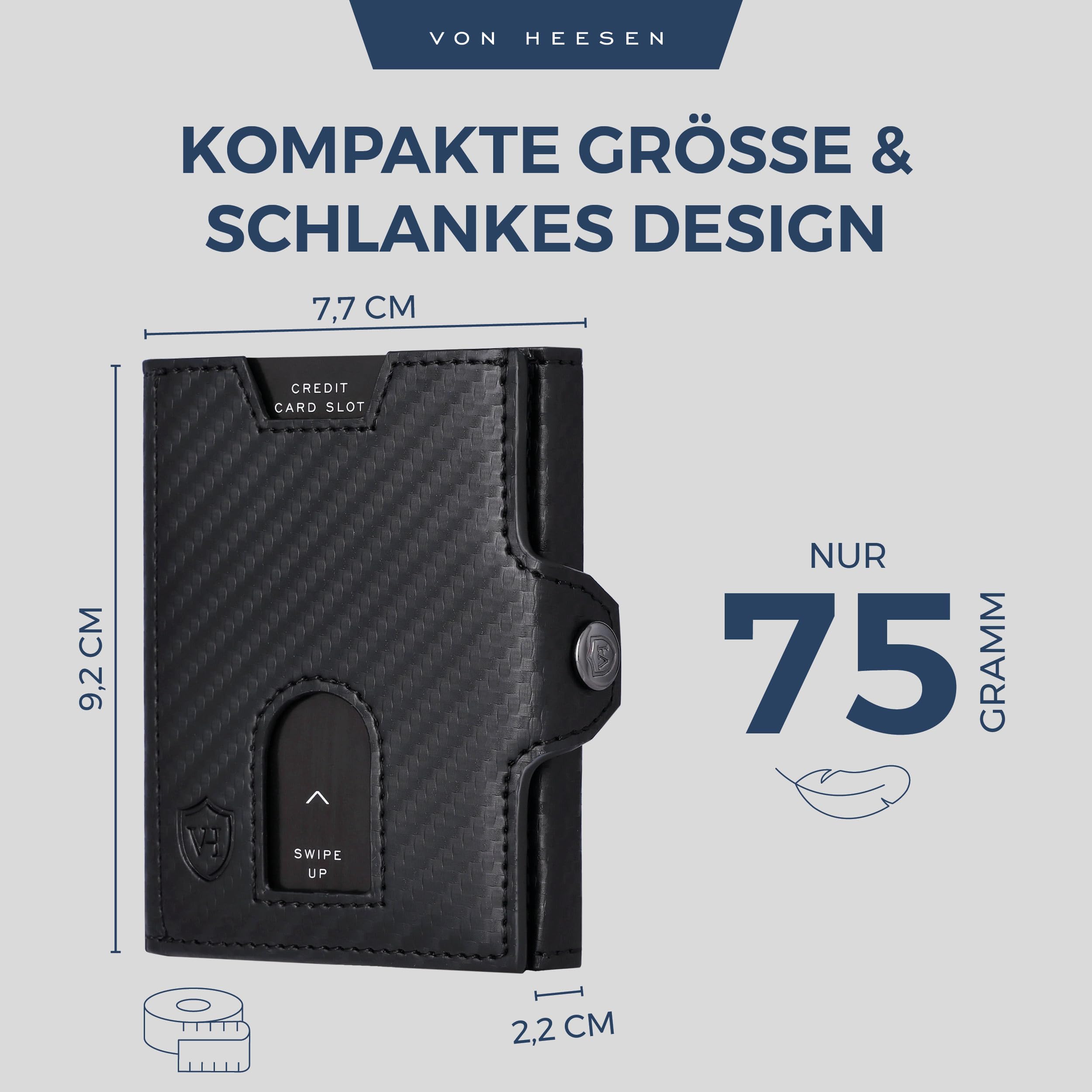 VON HEESEN Slim Wallet mit Münzfach & RFID Schutz - Geldbörse Herren & Damen - Kartenetui Kreditkartenetui - Mini Portmonee Geldbeutel Portemonnaie klein Carbon-Schwarz