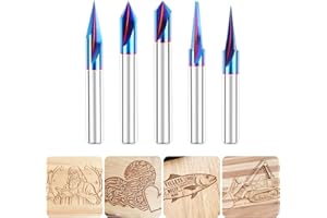 SILIVN CNC Wood Carving Router Bit - 1/4 Shank, 15/20/30/60/90 Engraving Bits, 2 Flute Straight & V-bit, Blue Nano-Coating Conical Tool