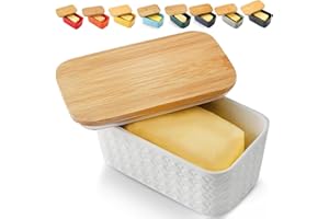 Hasense Large Butter Dish with Lid for Countertop - Farmhouse Ceramic Butter Container Holder with Cover for Fridge,Silicone Sealing,White Embossed Pattern,Holds Two Sticks of Butter