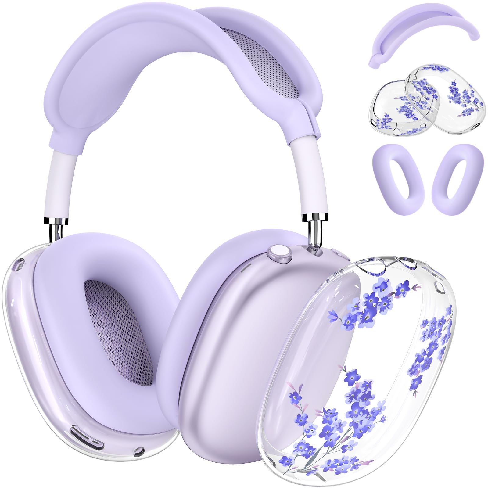 for Apple AirPods Max,Clear Flower Soft TPU Case for Women Girly,Purple