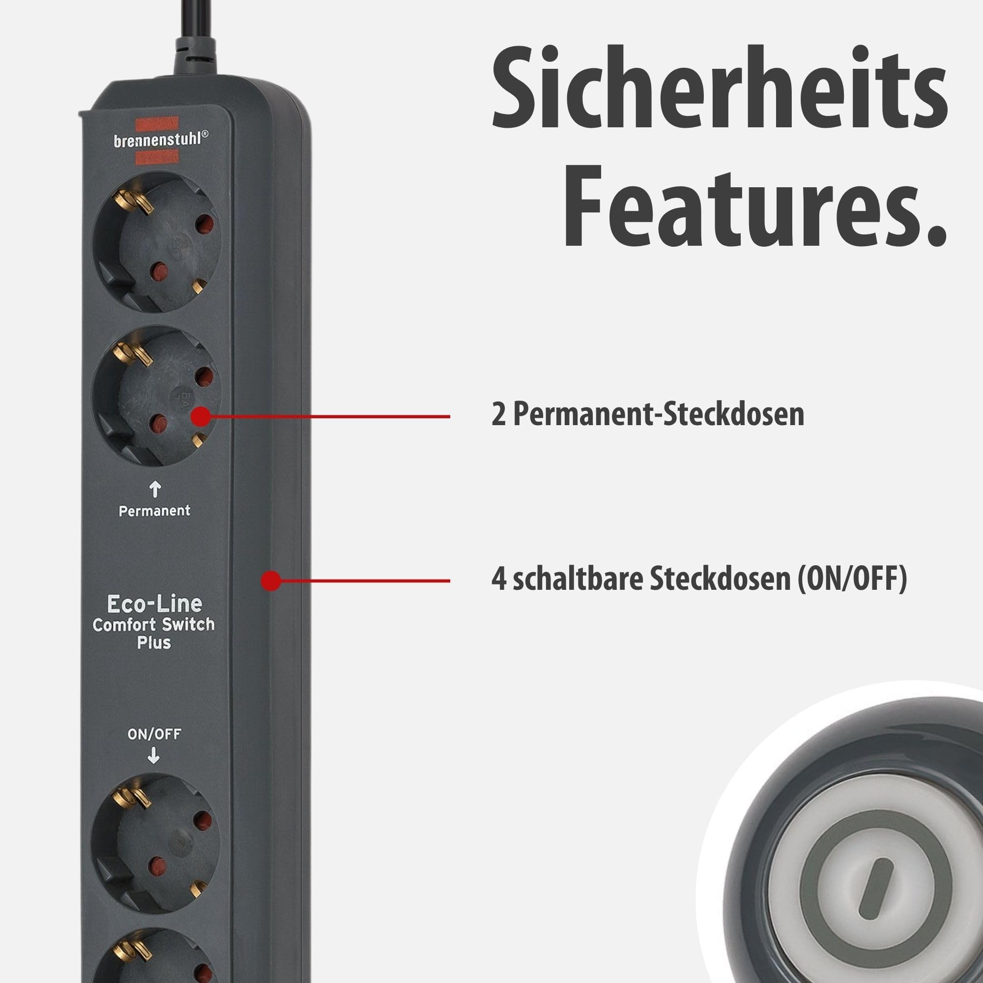 Brennenstuhl Eco-Line Comfort Switch Plus Steckdosenleiste 6-Fach (Mehrfachsteckdose mit 2 permanenten und 4 schaltbaren Steckdosen, beleuchteter Fußschalter) anthrazit 3