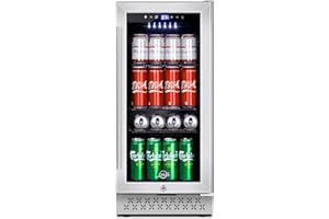 Tylza 15 Inch Beverage Refrigerator, 130 Cans Quiet Beverage Fridge, 15'' Beverage Cooler Under Counter with Glass Door and Lock for Built-in or Freestanding With Temperature Memory Function TYBC100