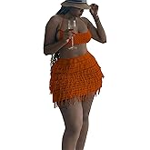 CALEBGAR Women 2 Piece Outfits Sexy Crochet Mini Dress Hollow Tassel Skirts Sets Summer Bandage Tube Tops