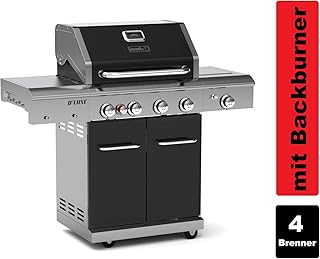 Nexgrill 4B Deluxe Gasgrill I 4 Brenner Gas Grill mit Edelstahl-Seitenbrenner &amp; Keramik Backburner I Grillwagen mit Pro Touch Gusseisen-Grillrost (Silber)