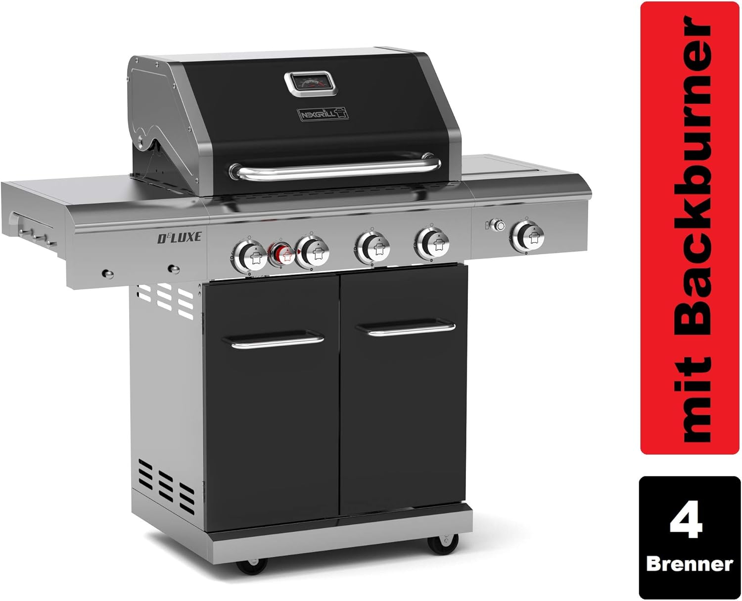 Nexgrill 4B Deluxe Gasgrill I 4 Brenner Gas Grill mit Edelstahl-Seitenbrenner &amp; Keramik Backburner I Grillwagen mit Pro Touch Gusseisen-Grillrost (Silber)