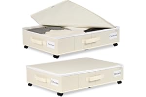 Vincona Under Bed Storage with Wheels, 2 Pack Under Bed Storage Containers with Label Holders for Clothes, Shoes and Blankets, Rolling Underbed Shoe Organizer with Cover, Beige (30.71x15.7x7.28 in)