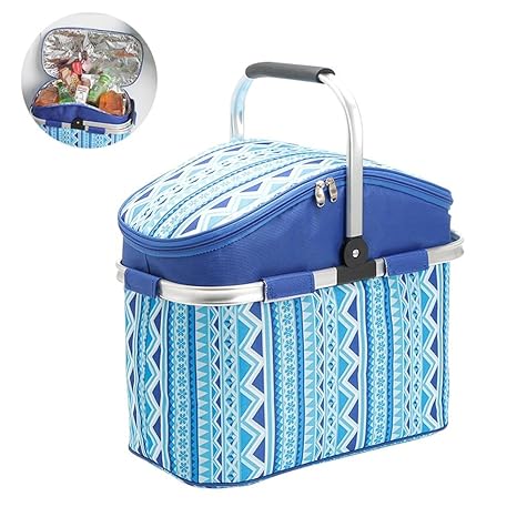 Aolvo Collapsible Cooler, Folding Picnic Basket Large Insulated Grocery Bag 27 Liter Insulated Tote Bag for Grocery, Camping Travel Blue