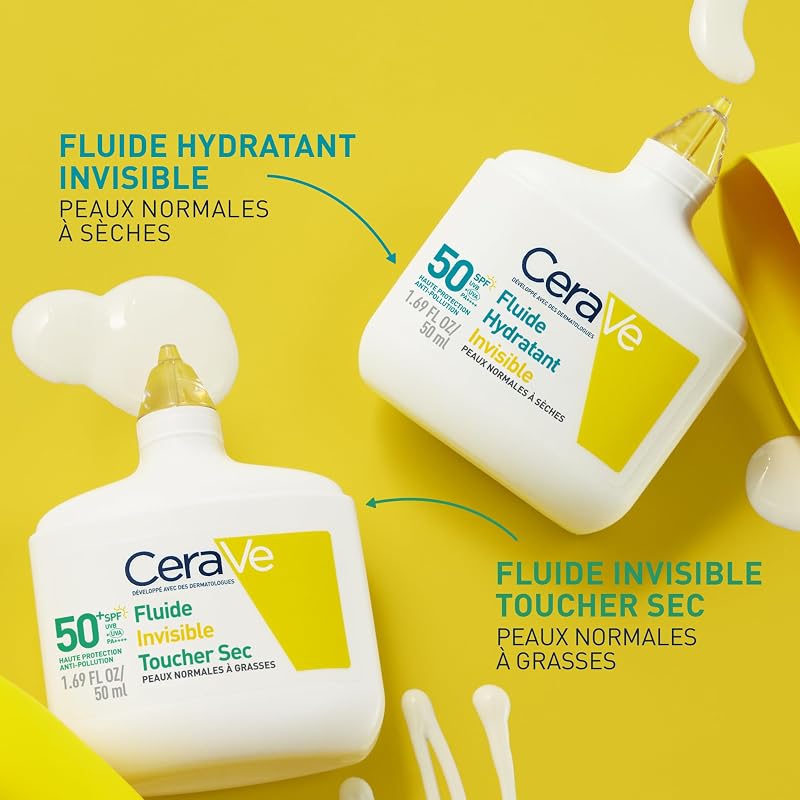 , Fluide Hydratant Invisible SPF 50 Visage, Haute Protection Solaire Visage, Peaux Normales à Sèches, Hydratation 24H, Fini Invisible, Base de Maquillage, Glycérine & Vitamine E