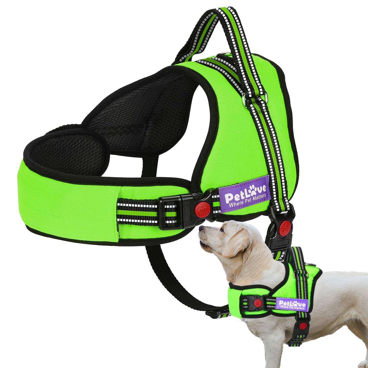 PETLOFT Dog Harness, Adjustable Soft Leash Padded No Pull Dog Harness for Small Medium Large Dogs, Green