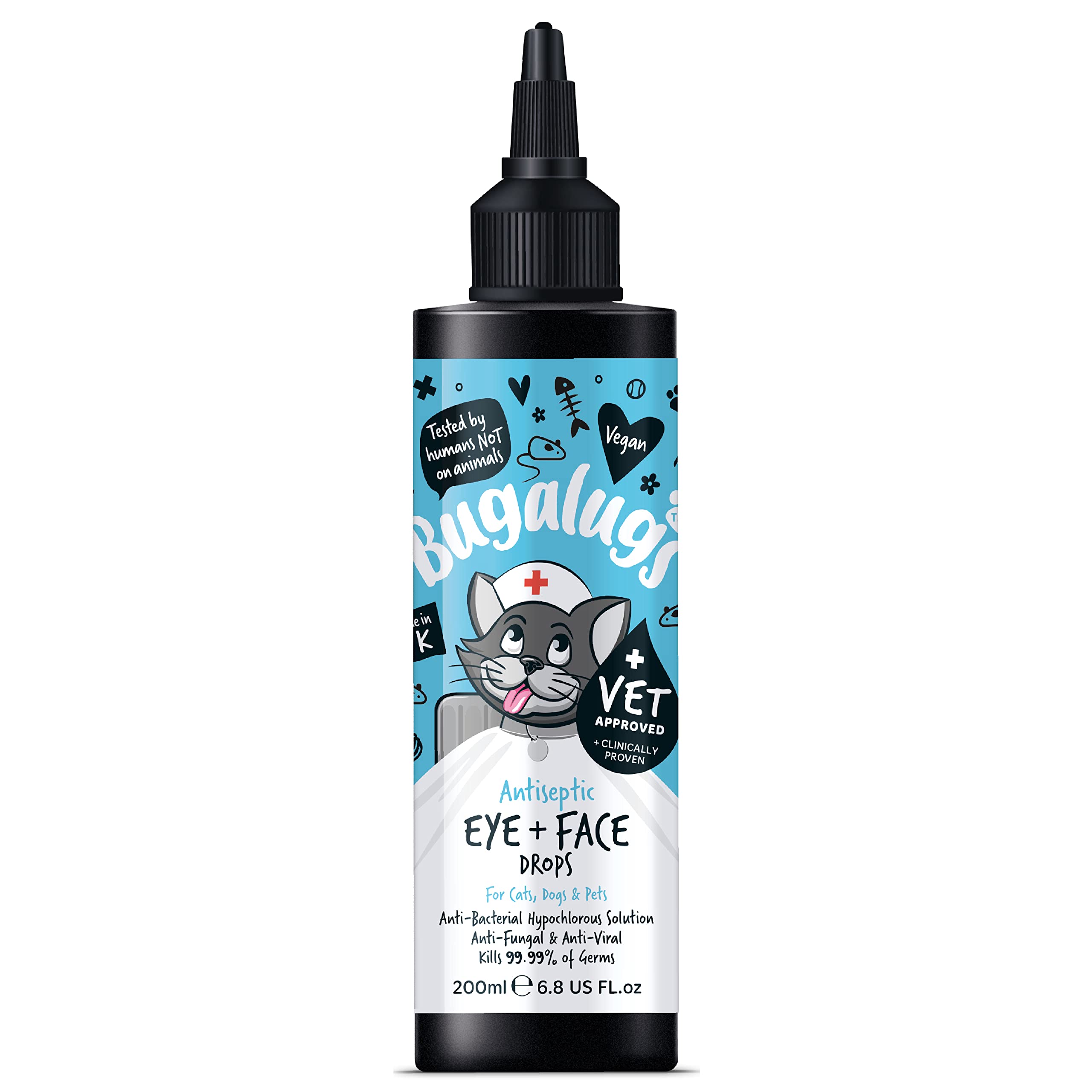 BUGALUGS Dog Eye Drops 200ml, Antiseptic eye drops for dogs, puppy, cats & animals. Antibacterial for dry, itchy, irritated, gunky & tear stain eyes. Eye Wash Cleaner