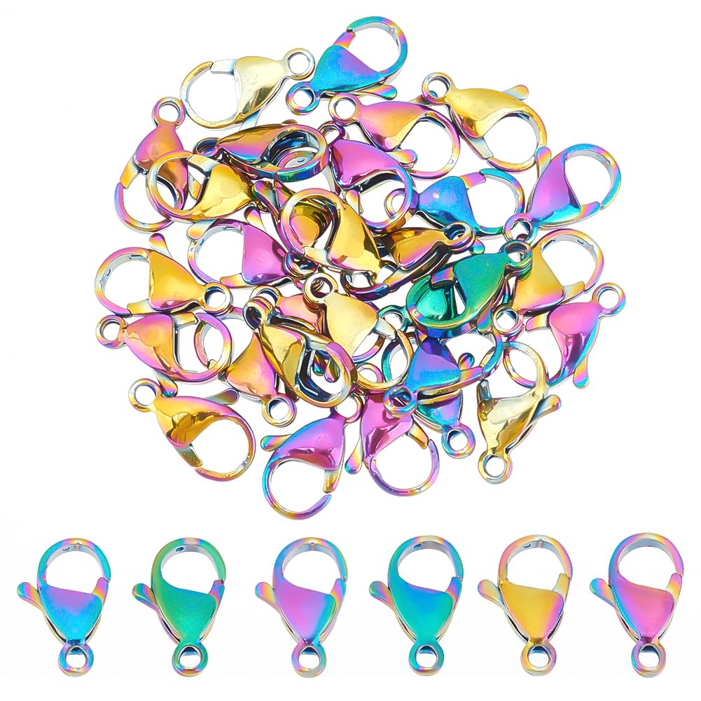 UNICRAFTALE 30pcs Rainbow Color Lobster Claw Clasps Vacuum Plating 304 Stainless Steel Clasps Fastener Hook End Chain Clasp 15x10mm Lobster Claw Clasps Connectors Beads for Necklaces Making