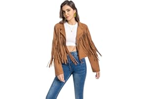 WELLATENT Fringe Jacket, Western Cowgirl Faux Suede Leather Jacket Tassel Crop Moto Top Country Concert Outfits for Women.