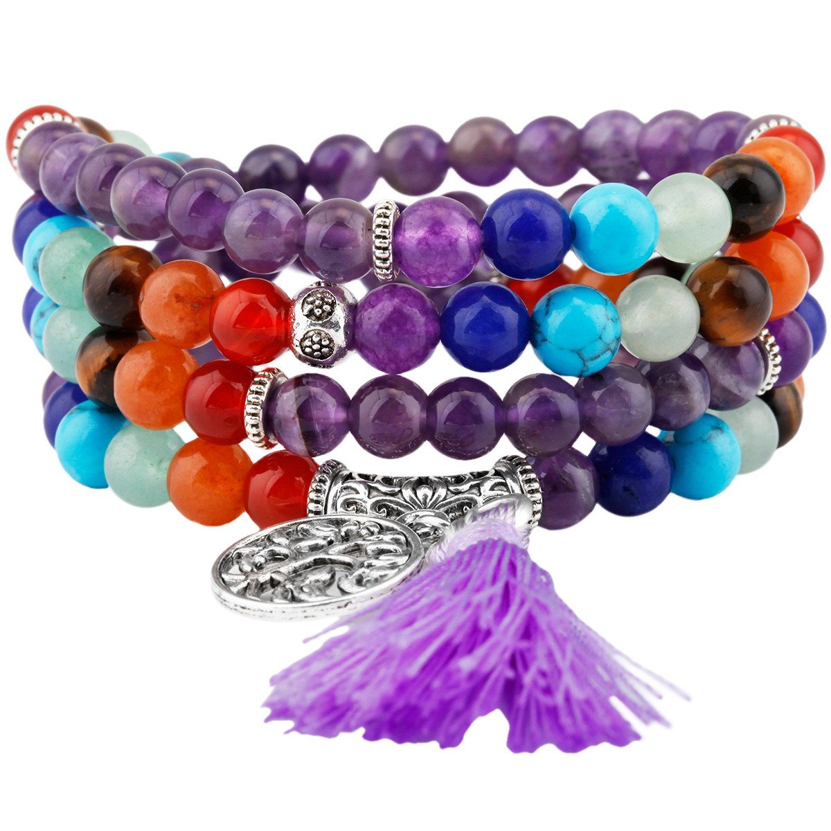 Shanxing 6mm Amethyst & Chakra Crystal 108 Prayer Beads Mala Wrap Bracelet for Men Women, Purple Worry Beads Healing Crystal Bracelet Jewellery Gift Buddha Reiki Meditation Stone Necklace