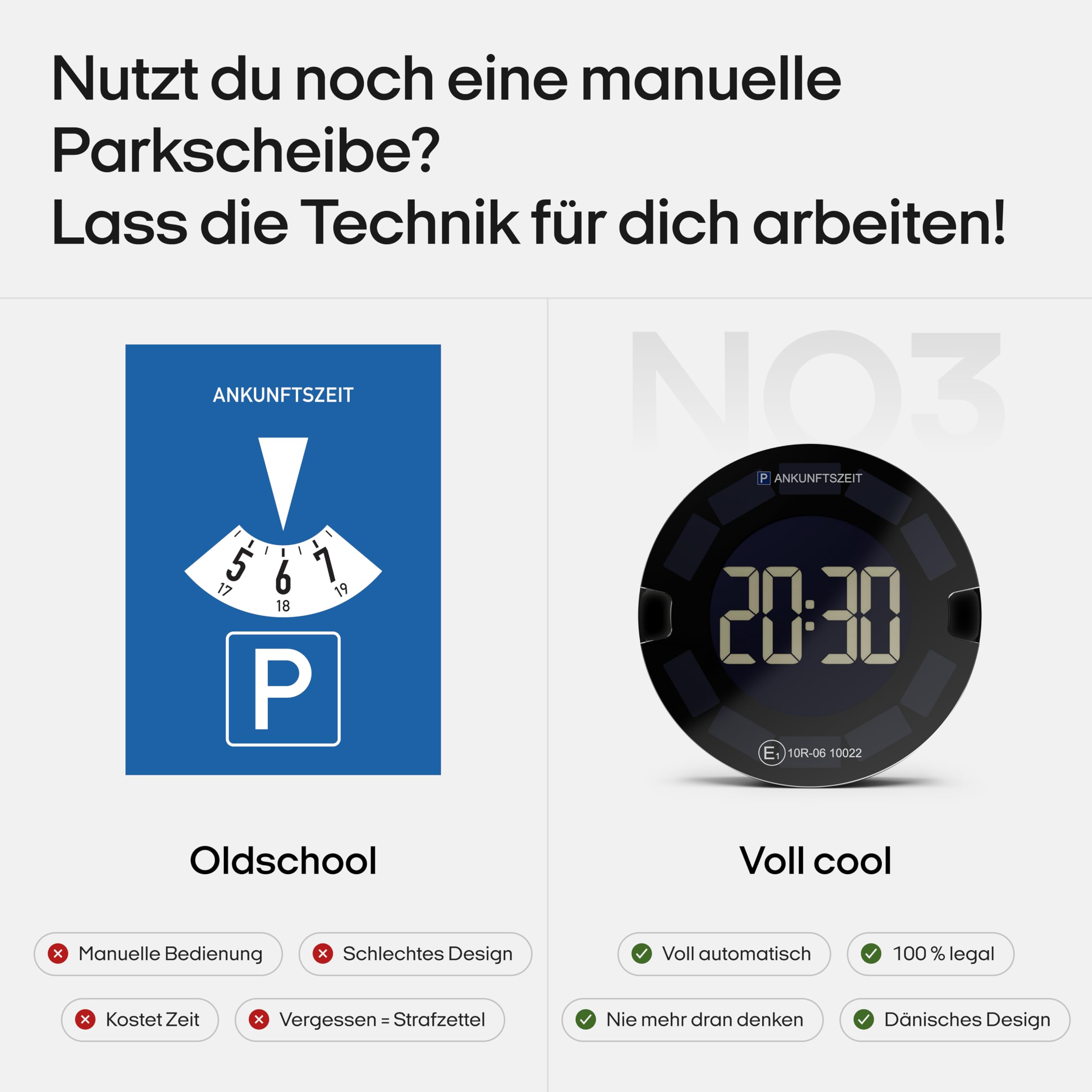 OOONO P-DISC 3 [New] - Elektronische Parkscheibe Solar mit Zulassung fürs Auto - Automatische Digitale Parkscheibe Elektrisch - Solarbetriebene Parkuhr mit bis zu 5 Jahre längerer Batterielaufzeit