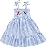 Afunbaby Toddler Baby Girl 4th of July Outfit Summer Dress Sleeveless Suspender Dresses Memorial Day Smocked Clothes