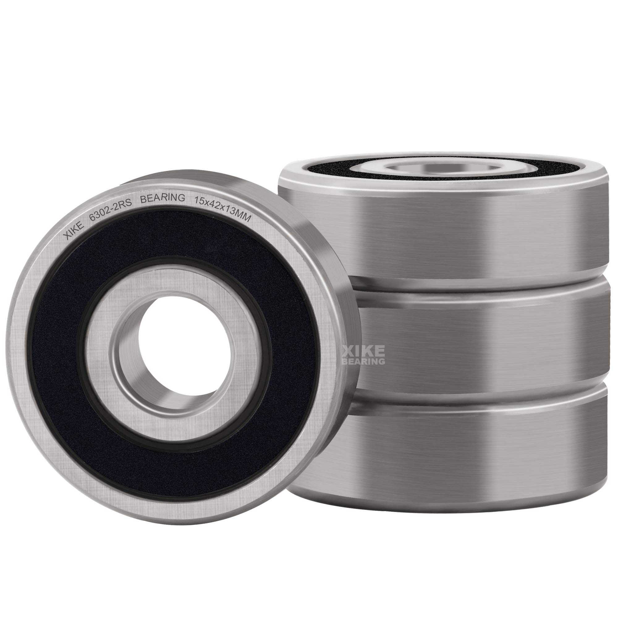 XIKE 6302-2RS Ball Bearings 15x42x13mm Chrome Steel and Pre-lubricated 6302RS Deep Groove Ball Bearing with Double Rubber Seals with Sealed, Pack of 4.