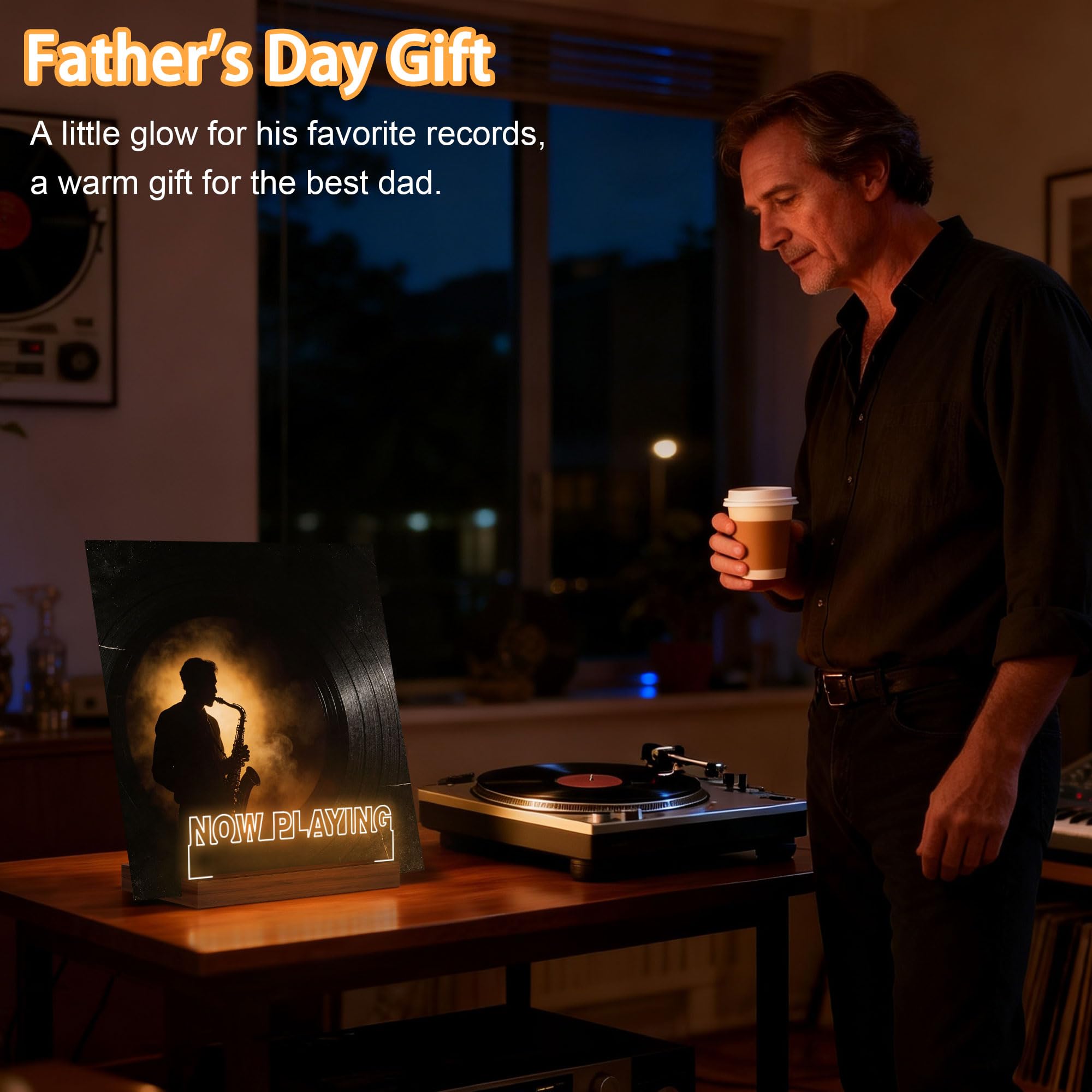 CoolGift Mart Now Playing Vinyl-Schallplattenständer, Beleuchten Sie schallplattenregal, Holz-Acryl-Display mit warmweißen Lichtern für Alben, Raumdekoration, für Vinyl-Liebhaber 2