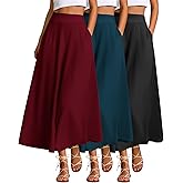 Ficerd 3 Pack Women's Maxi Long Skirts with Pockets, A Line Ankle Length High Waisted Flowy Soft Summer Casual Skirts