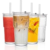 INSETLAN 530ml Glass Cups with Straws & Straw Cleaner, Set of 4, Clear Ribbed Drinking Glasses with Plastic Lids for Water, Juice, Iced Coffee & Smoothies, Dishwasher Safe