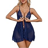 PITINAN Womens Lingerie Sexy Lingerie for Women Lace Babydoll Open Front Mesh Chemise Negligee S-3XL