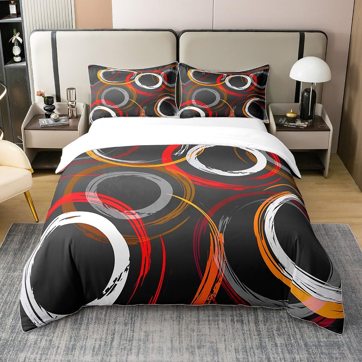 Homewish Red Orange White Black 100% Cotton Duvet Cover Single,Contemporary Bedding Set for Youth Teens, Pattern Comforter Cover,Hippie Hand Painted Bed Sets with 1 Pillowcase