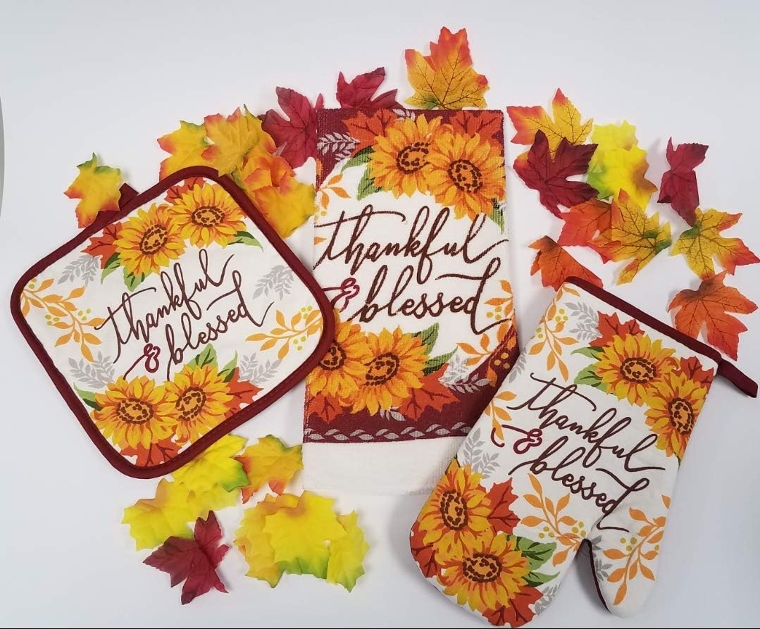 BE THANKFUL & BE BLESSED FOR THE HOLIDAY SEASON with the Thankful & Blessed Kitchen Mitt, Potholder, & Towel + Bonus 50-piece Decorative Leaves to Add that Festive Decor to Your Holiday Table.