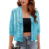 FindThy Women’s Casual Summer Lace Cardigan Open Front 3/4 Sleeve Solid Lace Shrug Cover Up