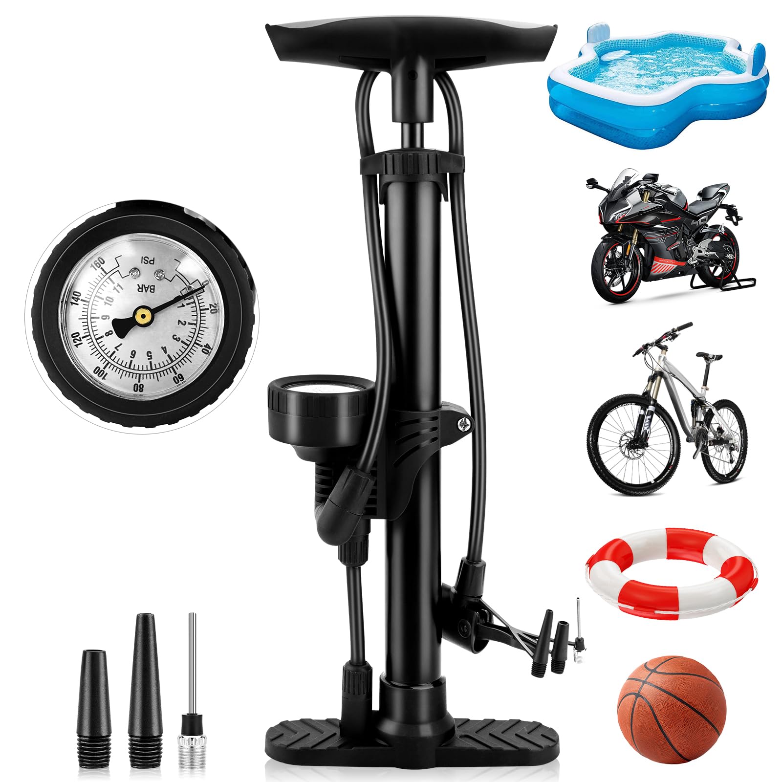 Bike Pump with Pressure Gauge, Bicycle Floor Pump Portable Bike Tyre Pump Stand Pump 160PSI/11Bar High Pressure Bike Air Pump with Presta, Schrader Valves for all Bikes, Road Mountain Bikes & Balls