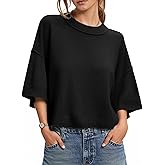 Women's Spring Sweater Cropped 2026 Fashion 3/4 Short Sleeve Casual Crewneck Knit Tops Loose Lightweight Pullover