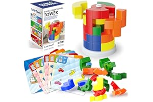 LOOGUAGUN 3D Cubic Tower Puzzle for Kids, STEM Block Puzzle Cube Montessori Educational Toys Desktop Block Games for Kids 5+, with 15 Blocks & 40 Challenge Cards