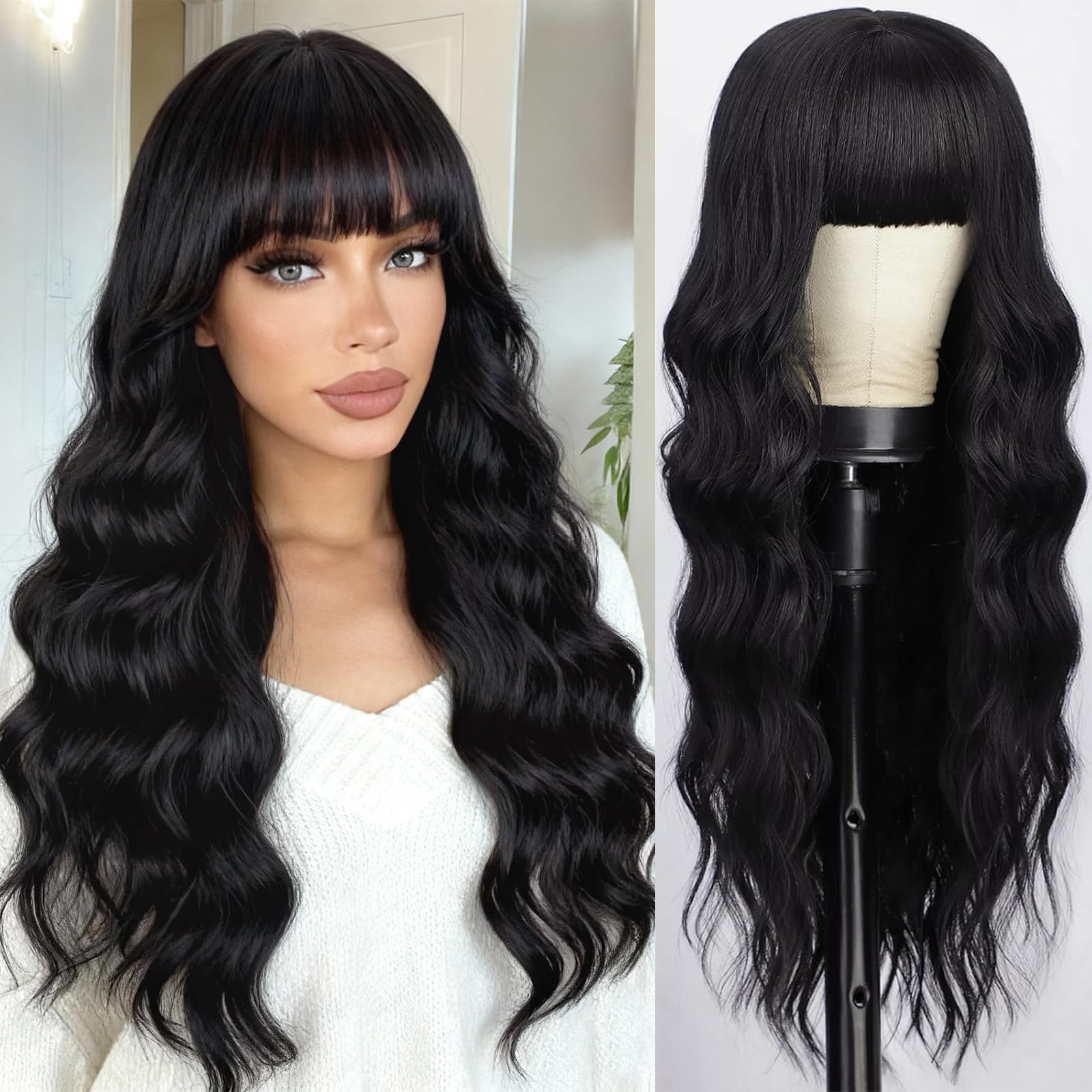 Photo 1 of AISI QUEENS Black Wig with Bangs, Long Black Wavy Wigs for Women Synthetic Wigs Natural Black Curly Hair Wig for Girls Daily Party Use