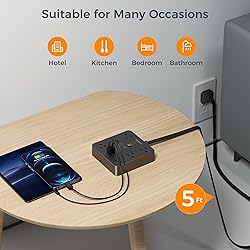 Black Surge Protector Power Strip, TESSAN Flat Plug